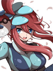 Rule 34 | 1girl, absurdres, blue eyes, blue gloves, breasts, commentary request, creatures (company), floating hair, game freak, gloves, gym leader, hair between eyes, hair ornament, hand up, highres, holding, holding poke ball, nintendo, open mouth, poke ball, poke ball (basic), pokemon, pokemon bw, red hair, shabana may, sidelocks, skyla (pokemon), solo, teeth, tongue