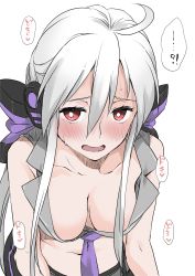 Rule 34 | 1girl, ahoge, bare shoulders, breasts, cleavage, downblouse, elf (stroll in the woods), headphones, highres, large breasts, leaning forward, long hair, looking at viewer, navel, necktie, no bra, open mouth, red eyes, simple background, smile, solo, speech bubble, sweat, translation request, white background, yowane haku