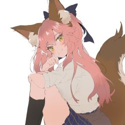 Rule 34 | 10s, 1girl, animal ear fluff, animal ears, blush, bow, breasts, closed mouth, clothes around waist, commentary, english commentary, fang, fang out, fate/extella, fate/extra, fate (series), fox ears, fox tail, hair bow, highres, jacket, jacket around waist, large breasts, long hair, looking at viewer, mochii, official alternate costume, pink hair, school uniform, shirt, sitting, skirt, smile, socks, solo, tail, tamamo (fate), tamamo no mae (jk) (fate), twintails, yellow eyes