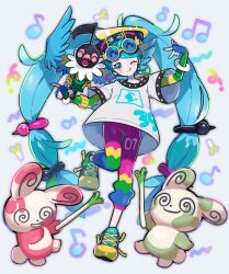 Rule 34 | 1girl, :q, aqua hair, beamed eighth notes, bird, blue eyes, chatot, closed eyes, commentary, creatures (company), earrings, eighth note, eyewear on head, fingerless gloves, fuinagi (huyuu mm), game freak, gen 3 pokemon, gen 4 pokemon, gloves, hatsune miku, highres, jewelry, long hair, looking at viewer, multicolored pants, musical note, nintendo, normal miku (project voltage), one eye closed, pants, pokemon, pokemon (creature), project voltage, shiny and normal, shiny pokemon, shirt, shoes, smile, sneakers, spinda, spring onion, standing, standing on one leg, sunglasses, tongue, tongue out, twintails, very long hair, vocaloid, white shirt