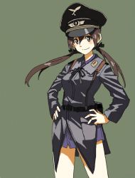 Rule 34 | 1girl, bad id, bad pixiv id, black ribbon, brown eyes, brown hair, gertrud barkhorn, green background, hair ribbon, hands on own hips, hat, long hair, long sleeves, looking at viewer, military, military uniform, peaked cap, ribbon, shiratama (hockey), simple background, smile, solo, strike witches, twintails, uniform, world witches series