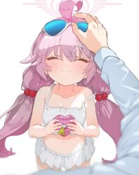 Rule 34 | 1boy, 1girl, ahoge, bare arms, bare legs, bare shoulders, bikini, blue archive, box, closed eyes, closed mouth, collarbone, eyewear on head, facing viewer, frilled bikini, frills, gift, gift box, hair bobbles, hair ornament, halo, highres, holding, holding gift, hoshi umi, hoshino (blue archive), hoshino (swimsuit) (blue archive), long hair, navel, official alternate costume, pink hair, pink halo, sensei (blue archive), simple background, smile, sunglasses, swimsuit, white background, white bikini