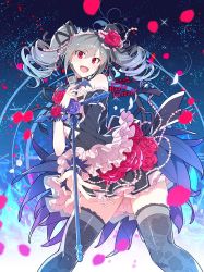 Rule 34 | &gt;:d, 10s, 1girl, :d, bare shoulders, black thighhighs, blush, character name, copyright name, dress, drill hair, flower, frills, gothic lolita, gradient background, hair flower, hair ornament, hair ribbon, idol, idolmaster, idolmaster cinderella girls, kanzaki ranko, lolita fashion, long hair, microphone, open mouth, red eyes, redrop, ribbon, silver hair, smile, solo, thighhighs, twin drills, twintails, v-shaped eyebrows