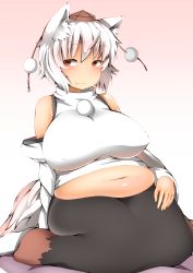 Rule 34 | 1girl, animal ears, bare shoulders, belly, breasts, covered erect nipples, detached sleeves, eyebrows, fat, hat, highres, inubashiri momiji, large breasts, navel, plump, pom pom (clothes), red eyes, seiza, shirt, shishi juuroku, sitting, sleeveless, sleeveless shirt, smile, solo, tail, thick eyebrows, tokin hat, touhou, wavy mouth, white hair, wolf ears, wolf tail