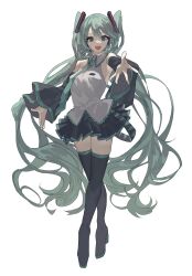 Rule 34 | 1girl, absurdres, aqua eyes, aqua hair, aqua necktie, bad id, bad twitter id, bare shoulders, black footwear, black skirt, boots, breasts, collared shirt, commentary, detached sleeves, frilled shirt collar, frills, full body, hatsune miku, high heel boots, high heels, highres, long hair, looking at viewer, miniskirt, necktie, open mouth, outstretched arm, reaching, reaching towards viewer, shirt, simple background, skirt, sleeveless, sleeveless shirt, small breasts, smile, solo, tachibana wataru (123tsuki), teeth, thigh boots, twintails, upper teeth only, very long hair, vocaloid, white background