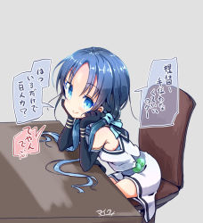 Rule 34 | 1girl, black gloves, black sailor collar, blue eyes, blue hair, chair, commentary request, desk, elbow gloves, gloves, grey background, kantai collection, long hair, looking at viewer, low twintails, maiku, sailor collar, school uniform, serafuku, shirt, simple background, sitting, skirt, sleeveless, sleeveless shirt, smile, solo, suzukaze (kancolle), translation request, twintails, white skirt