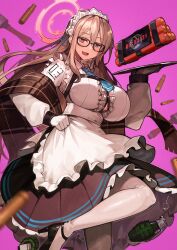 Rule 34 | 1girl, absurdres, akane (blue archive), apron, black-framed eyewear, black dress, black footwear, blue archive, blush, bomb, breasts, brown eyes, dress, dynamite, explosive, frilled apron, frills, glasses, gloves, grenade, hair between eyes, halo, harusame-r, high heels, highres, large breasts, light brown hair, long hair, long sleeves, looking at viewer, maid, maid apron, maid headdress, open mouth, pantyhose, pink background, puffy long sleeves, puffy sleeves, simple background, smile, solo, time bomb, white apron, white gloves, white pantyhose