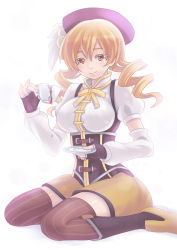 Rule 34 | 10s, 1girl, blonde hair, cup, detached sleeves, drill hair, fingerless gloves, gloves, hat, kaizeru, magical girl, mahou shoujo madoka magica, mahou shoujo madoka magica (anime), short hair, solo, teacup, tears, thighhighs, tomoe mami, twintails, yellow eyes
