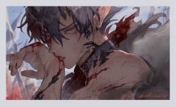 Rule 34 | 1boy, arknights, black hair, black nails, blood, blood on face, border, earrings, elmar, flamebringer (arknights), hair between eyes, hand up, jewelry, licking, looking at viewer, male focus, material growth, nail polish, one eye closed, orange eyes, oripathy lesion (arknights), pointy ears, portrait, shirt, short hair, single earring, sleeveless, sleeveless shirt, solo, twitter username, white border