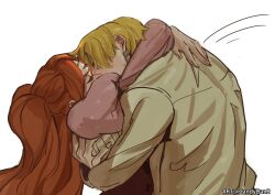Rule 34 | 1boy, 1girl, absurdres, blonde hair, blush, brown hair, charlotte pudding, closed eyes, commentary, couple, full-face blush, hetero, highres, hug, jacket, juliet sleeves, kiss, long hair, long sleeves, mutual hug, one piece, puffy sleeves, rita ya, sanji (one piece), shirt, short hair, skirt, symbol-only commentary, third eye, twintails, twitter username, white background, white jacket
