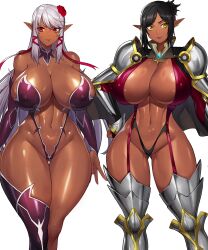 Rule 34 | 2girls, armor, black hair, breasts, cape, cleavage, dark-skinned female, dark elf, dark skin, detached sleeves, elf, gurimjang, highres, huge breasts, long hair, multiple girls, navel, pointy ears, red eyes, revealing clothes, shiny clothes, shiny skin, thick thighs, thighs, white hair, wide hips, yellow eyes