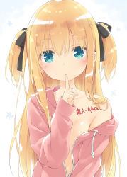 Rule 34 | 1girl, :o, bare shoulders, black ribbon, blonde hair, blue background, blue eyes, blush, body writing, breasts, collarbone, commentary request, drawstring, finger to mouth, gradient background, hair between eyes, hair ribbon, head tilt, hood, hood down, hoodie, kani biimu, long hair, looking at viewer, naked hoodie, off shoulder, open clothes, open hoodie, original, parted lips, pink hoodie, ribbon, shimotsuki potofu, shushing, simple background, small breasts, solo, two side up, very long hair, white background