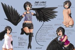 Rule 34 | 1boy, belt, bird legs, black choker, black feathers, black hair, black shorts, black wings, blue background, character name, character profile, choker, english text, feathers, foreskin, freckles, green eyes, harpy boy, highres, holding, holding microphone, jae (kt80at), kt80at, male focus, microphone, midriff, monster boy, music, navel, nipples, nude, open mouth, original, penis, phimosis, shirt, short hair, shorts, singing, talons, tan, tank top, testicles, thighhighs, torn clothes, torn shorts, twitter username, white shirt, wings