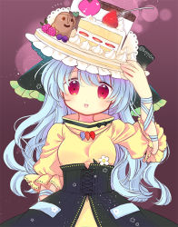 Rule 34 | 1girl, adapted costume, bad id, bad pixiv id, biyon, blue hair, blueberry, cake, dress, flower, food, food on head, fork, fruit, green headwear, hand up, haniwa (statue), haniyasushin keiki, head scarf, icing, jewelry, long hair, looking at viewer, magatama, magatama necklace, name connection, necklace, object on head, open mouth, pun, red eyes, short sleeves, smile, solo, strawberry, touhou, twitter username, upper body, yellow dress