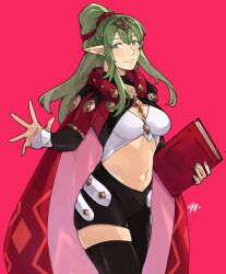 Rule 34 | 1girl, alternate costume, asymmetrical clothes, asymmetrical legwear, black pants, black thighhighs, book, breasts, cape, closed mouth, commentary, english commentary, fire emblem, fire emblem awakening, fire emblem engage, green eyes, green hair, green nails, hair between eyes, hair ornament, highres, holding, holding book, hood, hood down, hooded cape, long hair, looking at viewer, medium breasts, midriff, mismatched legwear, navel, nintendo, pants, pink background, pointy ears, ponytail, red cape, sakuremi, sidelocks, signature, simple background, single pantsleg, single thighhigh, smile, solo, stomach, thighhighs, tiki (adult) (fire emblem), tiki (fire emblem)