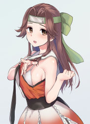 Rule 34 | 10s, 1girl, :d, bare shoulders, blush, bow, bra, breasts, brown eyes, brown hair, cleavage, cowboy shot, forehead protector, frilled skirt, frills, from side, green bow, grey background, hair bow, hand under clothes, hand under shirt, headband, jintsuu (kancolle), jintsuu kai ni (kancolle), kantai collection, large breasts, long hair, looking at viewer, looking to the side, open mouth, orange shirt, orange skirt, plum (arch), sailor collar, sash, shirt, sideboob, simple background, skirt, smile, solo, underwear