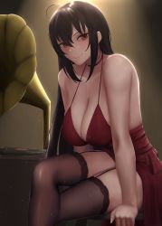 Rule 34 | 1girl, absurdres, azur lane, bare arms, bare shoulders, black hair, black thighhighs, blush, breasts, choker, cleavage, closed mouth, crossed legs, dress, eko.art, garter straps, highres, large breasts, long hair, looking at viewer, official alternate costume, red choker, red dress, red eyes, sitting, smile, solo, taihou (azur lane), taihou (forbidden feast) (azur lane), thighhighs, thighs