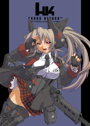 Rule 34 | 1girl, assault rifle, blonde hair, boots, breasts, gun, koahziinoukk, large breasts, long hair, necktie, original, pleated skirt, red eyes, rifle, skirt, solo, thigh boots, thighhighs, twintails, weapon