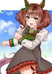 Rule 34 | 1girl, absurdres, animal ears, black dress, blue sky, blush, border, bow, brown eyes, clenched hands, cloud, cloudy sky, commentary request, cowboy shot, dress, ear covers, ear ribbon, green ribbon, highres, horse ears, horse girl, horse tail, juliet sleeves, long sleeves, looking at viewer, medium hair, multicolored hair, nice nature (umamusume), o-ring, o-ring thigh strap, outdoors, petticoat, puffy sleeves, ribbon, sky, smile, solo, streaked hair, striped, striped bow, tail, tawashi hechima, teeth, thigh strap, twintails, umamusume, upper teeth only, white border