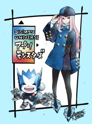 Rule 34 | 1boy, 1girl, alternate hairstyle, appmon, artist name, artist request, digimon, digimon universe: appli monsters, dokamon, full body, hat, highres, karan eri, long hair, looking at another, official art, sharp teeth, standing, teeth, title, translation request