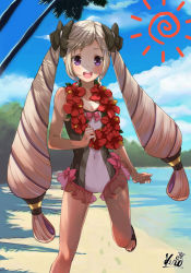 Rule 34 | 1girl, beach, blonde hair, covered navel, day, elise (fire emblem), elise (summer) (fire emblem), fire emblem, fire emblem fates, fire emblem heroes, hair ribbon, hairband, kero sweet, long hair, looking at viewer, nintendo, one-piece swimsuit, outdoors, purple eyes, ribbon, smile, swimsuit, twintails, water