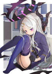 Rule 34 | 1girl, absurdres, ahoge, aiguillette, black gloves, black skirt, blue archive, buttons, demon horns, demon wings, double-breasted, forehead, gloves, halo, highres, hina (blue archive), horns, long hair, low wings, military, military uniform, miniskirt, multiple horns, parted bangs, purple eyes, purple horns, side slit, skirt, solo, thighhighs, uniform, white hair, wings, yuki hishaku, zettai ryouiki