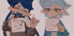 Rule 34 | 2girls, alternate costume, black hair, blue hair, blue jacket, brown sweater, callie (splatoon), closed eyes, closed mouth, dr mice, earrings, english text, fang, grey background, happy new year, highres, holding, holding sign, inkling, jacket, jewelry, light blue hair, long hair, long sleeves, marie (splatoon), mole, mole under eye, multiple girls, new year, nintendo, open clothes, open jacket, open mouth, orange eyes, pointy ears, profanity, short hair, sign, simple background, splatoon (series), sweater, tentacle hair, upper body