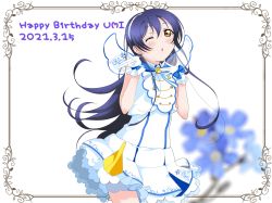 Rule 34 | 1girl, :o, ;), artist name, artist request, bare shoulders, blowing kiss, blue bow, blue hair, blush, bow, bow gloves, bowtie, breasts, dress, earrings, female focus, gloves, hair between eyes, hairband, highres, jewelry, long hair, looking at viewer, love live!, love live! school idol festival, love live! school idol project, one eye closed, parted lips, skirt, smile, solo, sonoda umi, star (symbol), star earrings, white background, white dress, white gloves, white hairband, white legwear, white skirt, white wings, wings, yellow eyes
