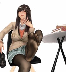 Rule 34 | 1girl, 1s2k, absurdres, black hair, blush, book, brown eyes, chair, feet, highres, loafers, long hair, looking at viewer, open mouth, pantyhose, school uniform, shoes, unworn shoes, single shoe, sitting, skirt, soles, table, toes