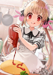 Rule 34 | 1girl, absurdres, alternate costume, apron, black ribbon, blonde hair, blurry, blurry background, blush, bottle, collared dress, commentary request, cup, dress, enmaided, food, frilled apron, frills, frying pan, grey dress, hair ornament, hat, highres, holding, holding bottle, indoors, ketchup, kitchen, long hair, maid, maid apron, maid headdress, mug, nail polish, natori sana, nurse cap, omaru (0marufestival), omelet, omurice, plaid, plaid dress, rabbit hair ornament, red eyes, red nails, ribbon, sana channel, solo, tongue, tongue out, virtual youtuber