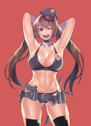 Rule 34 | 1girl, armpits, arms up, baton (weapon), belt, belt pouch, bikini, black bikini, black choker, breasts, brown hair, cameltoe, choker, cleavage, contrapposto, female service cap, gluteal fold, gun, handgun, hat, holster, large breasts, lips, long hair, looking at viewer, loose belt, one eye closed, open mouth, original, peaked cap, pistol, police, police badge, police hat, pouch, psychicjin, red background, red eyes, solo, standing, swimsuit, thighhighs, twintails, weapon