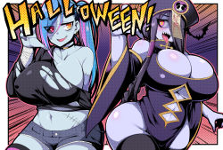 Rule 34 | 2girls, bandaged wrist, bandages, bare shoulders, black hair, black sclera, blouse, blue hair, blue skin, braid, breasts, chinese clothes, choker, cleavage, clothing cutout, collarbone, colored sclera, colored skin, commentary request, curvy, detached sleeves, earrings, halloween, halloween costume, hat, huge breasts, jewelry, jiangshi, monster girl, multicolored hair, multiple girls, navel, nishida megane, ofuda, open mouth, original, outstretched arms, pink hair, qingdai guanmao, qingdai guanmao, sharp teeth, shawl, shirt, short shorts, shorts, side ponytail, smile, stitches, stomach, talisman, teeth, tongue, tongue out, torn clothes, torn shirt, two-tone hair, underboob cutout, wide sleeves, yellow eyes, zombie, zombie pose