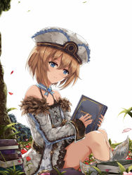Rule 34 | 10s, 1girl, blanc (neptunia), blue eyes, blush, book, book stack, brooch, brown hair, bud, choker, closed mouth, cross, cross-laced clothes, cross print, dress, eyebrows, flat chest, flower, from side, grass, hair between eyes, hat, holding, holding book, jewelry, long sleeves, looking at viewer, neptune (series), off-shoulder dress, off shoulder, petals, pink flower, red flower, rock, short dress, short hair, sitting, smile, solo, tree, white background, white crow
