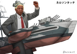 Rule 34 | 1boy, arm up, black eyes, black jacket, black pants, blonde hair, cannon, clenched hand, collared shirt, cosplay, crossover, dark-skinned male, dark skin, dress shirt, forehead, formal, gesture, grey jacket, hand up, headgear, jacket, kantai collection, lips, long sleeves, looking at viewer, machinery, male focus, misumi (niku-kyu), name connection, necktie, nelson (kancolle), nelson (kancolle) (cosplay), nelson mandela, nose, nostrils, old, old man, pants, radio antenna, real life, red necktie, rigging, serious, shirt, simple background, sketch, solo, standing, suit, turret, twitter username, very dark skin, white background, white shirt, wing collar, wrinkled skin