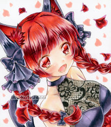 Rule 34 | 1girl, alternate costume, animal ears, black bow, bow, braid, breasts, cat ears, fangs, from above, hair bow, happy, heart, kaenbyou rin, long hair, multiple tails, nekofish666, open mouth, painting (medium), red eyes, red hair, shikishi, solo, tail, tongue, touhou, traditional media, twin braids, watercolor (medium)