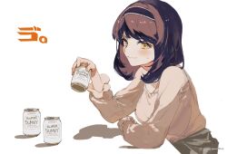 Rule 34 | 1girl, arm support, bawa (thankyousushi), beer can, black hairband, blush, breasts, brown hair, can, closed mouth, drink can, from side, grey shorts, hairband, holding, holding can, idoly pride, leaning forward, long bangs, long hair, long sleeves, medium breasts, saeki haruko (idoly pride), shirt, shorts, sidelocks, signature, simple background, smile, solo, sweatdrop, upper body, white background, white shirt, yellow eyes