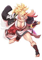 Rule 34 | 1girl, baiken, baiken (cosplay), black bridal gauntlets, black jacket, black kimono, black socks, blonde hair, breasts, bridal gauntlets, cleavage, clenched teeth, commentary request, cosplay, eyepatch, fugaku (miko no miyatsuguchi), full body, guilty gear, guilty gear strive, highres, horns, hoshiguma yuugi, jacket, jacket on shoulders, japanese clothes, jumping, katana, kimono, large breasts, long hair, looking at viewer, multicolored clothes, multicolored kimono, one-eyed, open clothes, open jacket, orange eyes, parted bangs, red horns, simple background, single horn, socks, solo, star (symbol), sword, teeth, toeless legwear, touhou, weapon, white background, white kimono