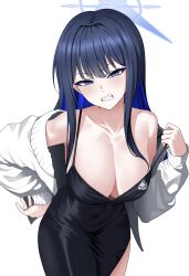 Rule 34 | 1girl, absurdres, alternate costume, black dress, black hair, blue archive, blue eyes, blue hair, blue halo, blush, breasts, cleavage, clenched teeth, collarbone, colored inner hair, cowboy shot, dress, halo, highres, jacket, large breasts, leaning forward, long hair, long sleeves, looking at viewer, multicolored hair, open clothes, open jacket, saori (blue archive), sidelocks, simple background, solo, teeth, tewaki, white background, white jacket