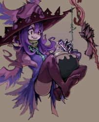 Rule 34 | 1girl, bottle, brown background, capelet, cauldron, cross, detached arm, feet, female focus, hat, highres, long hair, neckerchief, no shoes, original, potion, purple hair, purple thighhighs, simple background, smile, solo, staff, stitched mouth, stitches, thighhighs, toes, tubansan, wings, witch, witch hat