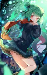Rule 34 | 1girl, blush, bow, butterfly ornament, commentary request, cross, double bun, graveyard, green hair, hair bow, highres, hololive, jacket, long sleeves, looking at viewer, red eyes, red scarf, satoupote, scarf, short hair, smile, solo, tombstone, uruha rushia, virtual youtuber