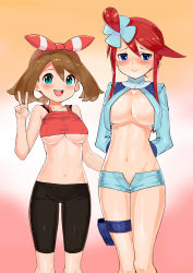 Rule 34 | 2girls, :d, absurdres, areola slip, arms behind back, bike shorts, blouse, blue eyes, blue shorts, blush, bow, breasts, brown hair, cameltoe, cleavage, covered erect nipples, creatures (company), embarrassed, female focus, game freak, gradient background, green eyes, gym leader, hair bow, hair ornament, hand up, highres, holster, looking at viewer, may (pokemon), micro shorts, multiple girls, navel, nintendo, no bra, open clothes, open fly, open mouth, open shirt, orange background, pink background, pokemon, pokemon bw, pokemon oras, red hair, shirt, short hair, short hair with long locks, short shorts, shorts, sidelocks, skyla (pokemon), smile, standing, stomach, sweatdrop, tank top, thigh holster, thigh strap, toranoe, underboob, v, white background