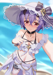 Rule 34 | 1girl, bare shoulders, bikini, black choker, blue sky, blurry, blurry background, breasts, choker, cloud, collarbone, commentary request, day, depth of field, grey headwear, hair between eyes, hand up, highres, iseshi, navel, outdoors, princess connect!, purple hair, reaching, reaching towards viewer, red eyes, selfie, shinobu (princess connect!), shinobu (summer) (princess connect!), sky, small breasts, solo, standing, swimsuit, water, white bikini, wrist cuffs