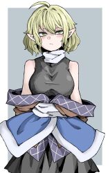 Rule 34 | 1girl, :/, ahoge, black shirt, black skirt, blonde hair, blush, breasts, brown shirt, closed mouth, commentary, cowboy shot, expressionless, fe (tetsu), green eyes, grey background, hair between eyes, highres, looking at viewer, medium bangs, medium breasts, mizuhashi parsee, off shoulder, pointy ears, scarf, shirt, short hair, skirt, sleeveless, sleeveless shirt, solo, touhou, two-tone background, white background, white scarf
