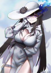 Rule 34 | 1girl, asymmetrical gloves, black gloves, black hair, breasts, cleavage, commentary request, constance (honkai: star rail), cowboy shot, dress, gloves, grin, hand up, highres, honkai: star rail, honkai (series), horns, junik (snrj2255), large breasts, long hair, looking at viewer, mismatched gloves, purple eyes, smile, solo, standing, very long hair, white dress, white gloves, white headwear