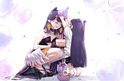 Rule 34 | 2girls, animal ears, balloon, barefoot, black gloves, box, child, closed eyes, confetti, dress, gift, gift box, gloves, happy birthday, hat, high heels, holding, holding gift, hololive, hololive english, low wings, multiple girls, ninomae ina&#039;nis, ninomae ina&#039;nis (1st costume), open mouth, party hat, pointy ears, purple hair, shirt, shorts, smile, squatting, standing, takodachi (ninomae ina&#039;nis), tentacle hair, virtual youtuber, wings, yuuyu (777)