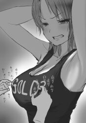 Rule 34 | 1girl, 1other, angry, armpits, arms behind head, arms up, artist request, bare arms, black shirt, breasts, cleavage, clothes writing, disembodied hand, female focus, frown, greyscale, half-closed eyes, highres, large breasts, monochrome, nami (one piece), nipple stimulation, nipple tweak, official alternate costume, one piece, parted lips, portrait, shirt, sleeveless, sleeveless shirt, solo focus, tank top, teeth, through clothes, tsurime, v-shaped eyebrows