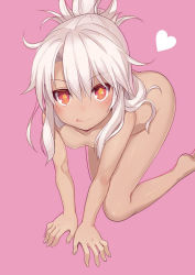 Rule 34 | &gt;:p, 1girl, :p, all fours, breasts, chloe von einzbern, completely nude, dark-skinned female, dark skin, fate/kaleid liner prisma illya, fate (series), folded ponytail, heart, long hair, looking at viewer, minamura haruki, naughty face, nude, pink background, pink hair, red eyes, simple background, small breasts, smile, solo, tongue, tongue out, v-shaped eyebrows