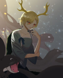 Rule 34 | 1girl, absurdres, antlers, blonde hair, blue shirt, dragon girl, dragon horns, dragon tail, highres, horns, kicchou yachie, otter, otter spirit (touhou), red eyes, shirt, short hair, square neckline, tail, tortempole4, touhou, turtle shell, yellow horns