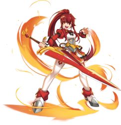 Rule 34 | 1girl, absurdres, armor, armored boots, boots, claymore (sword), elesis (elsword), elsword, fire, free knight (elsword), full body, high ponytail, highres, holding, holding sword, holding weapon, long hair, looking at viewer, official art, open mouth, red eyes, red hair, ress, solo, sword, thighhighs, transparent background, weapon, white thighhighs