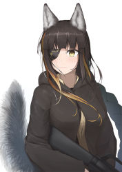 Rule 34 | 1girl, animal ear fluff, animal ears, assault rifle, blush, brown hair, brown jacket, closed mouth, commentary, eien (x0b3o6x7), eyepatch, girls&#039; frontline, gun, holding, holding gun, holding weapon, jacket, lips, long hair, long sleeves, looking away, m16, m16a1, m16a1 (girls&#039; frontline), mole, mole under eye, multicolored hair, rifle, shirt, solo, streaked hair, tail, upper body, weapon, white background, wolf ears, wolf tail, yellow eyes, yellow shirt